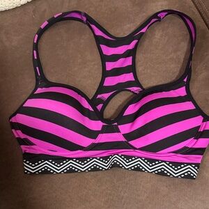 Just My Size Pink and Black Striped Bikini Top